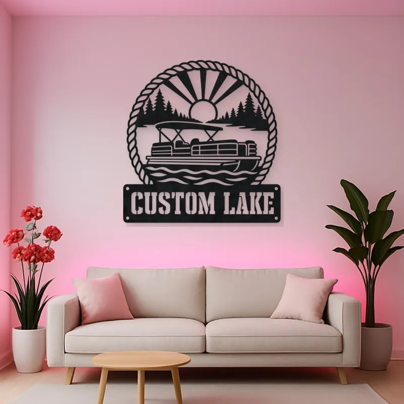 Personalized Pontoon Boat Metal Wall Art with Mountain Lake