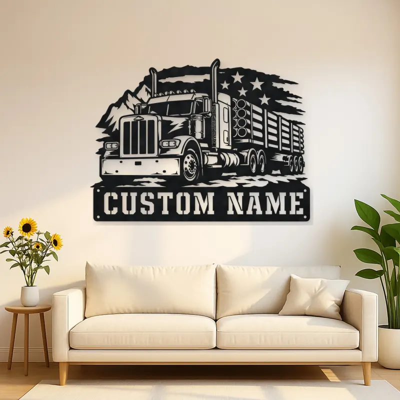 Personalized Logging Semi Truck Patriotic Mountain Metal Wall Art