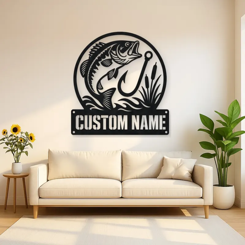 Personalized Largemouth Bass Fishing Metal Wall Art with Hook