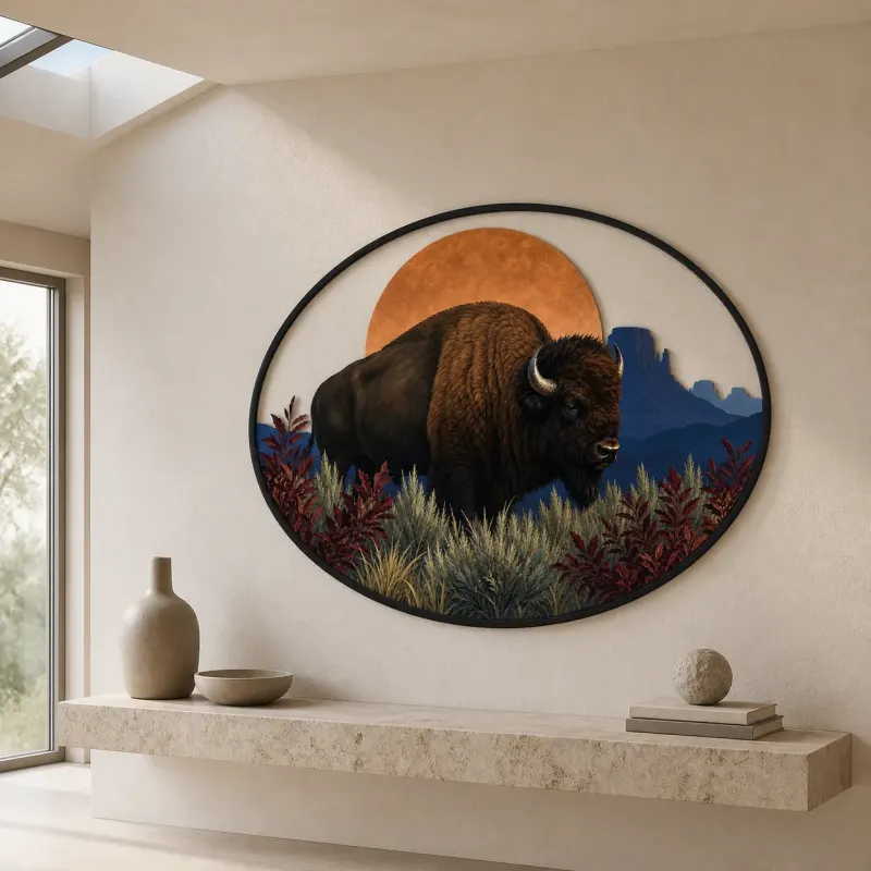 Bison in Desert Landscape beneath Copper Sun Colorful Metal Wall Art