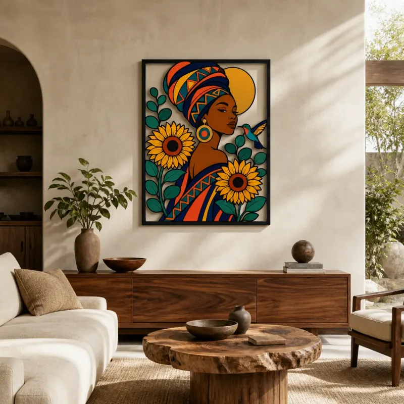 Insegna in metallo colorata della Donna Afro con Foulard e Girasoli e Colibrì