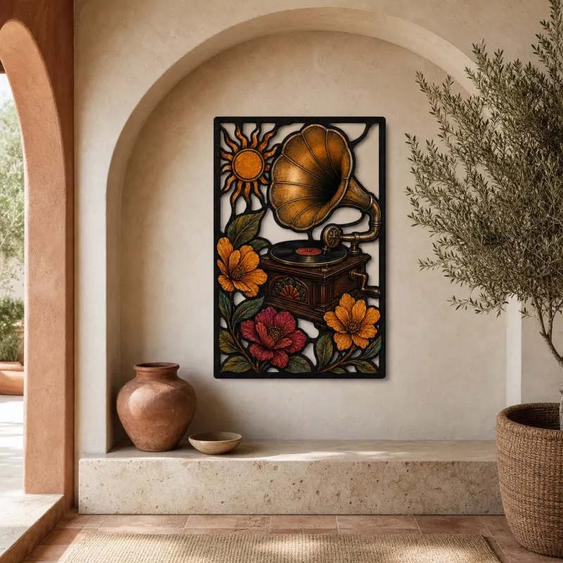 Vintage Gramophone with Colorful Flowers and Sun Metal Wall Art