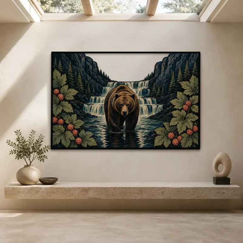 Brown Bear Standing in Mountain Waterfall Colorful Metal Wall Art