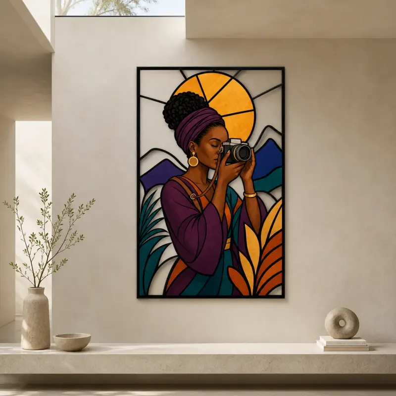 Black Woman Photographer in Mountain Landscape Colorful Metal Wall Art