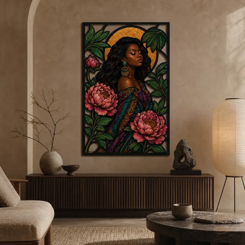 Afro Woman with Peonies and Celestial Moon Colorful Metal Wall Art