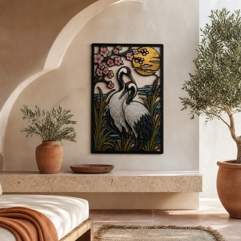 Japanese Crane beneath Cherry Blossoms and Moon Colorful Metal Wall Art
