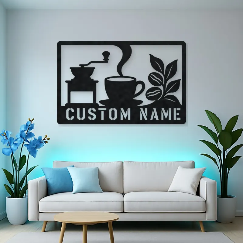 Personalized Coffee Station Metal Wall Art with Grinder