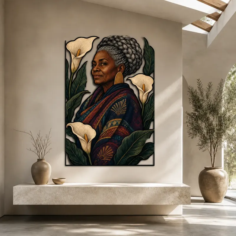 Elderly Black Woman with White Calla Lilies Colorful Metal Wall Art
