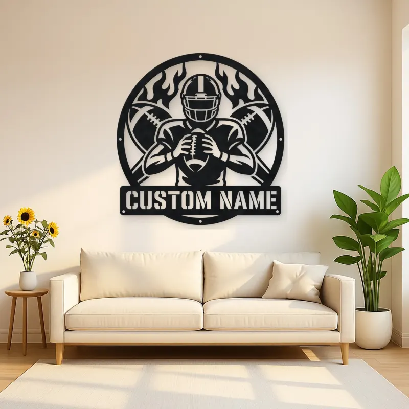 Personalized Football Player Crossed Balls Flame Metal Wall Art