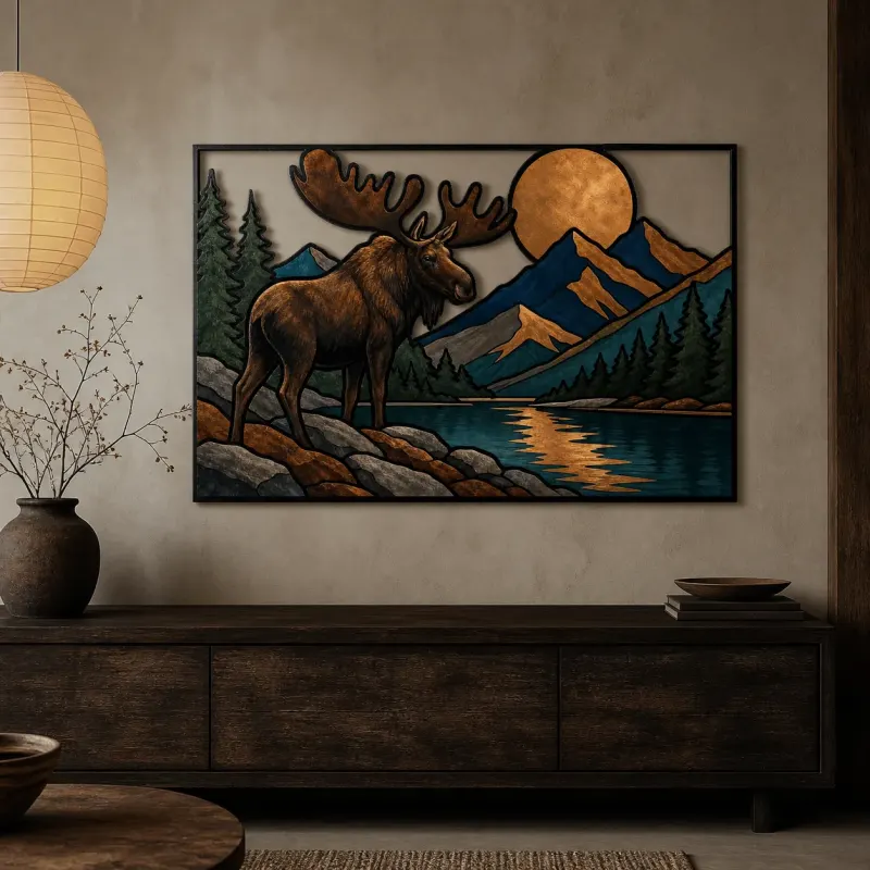 Moose beside Mountain Lake beneath Copper Moon Colorful Metal Wall Art
