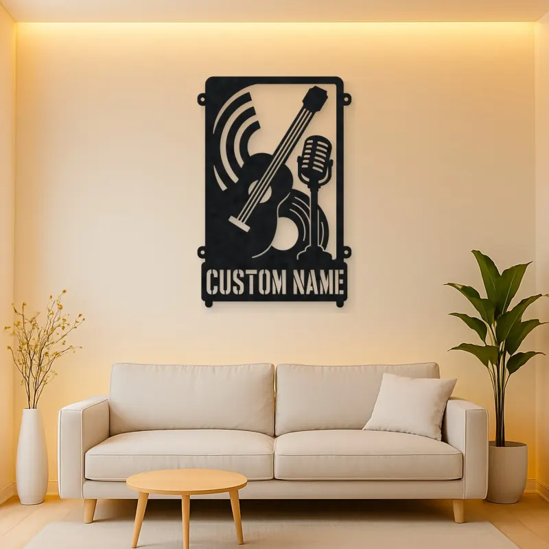Personalized Double Bass Music Metal Wall Art with Vintage Microphone