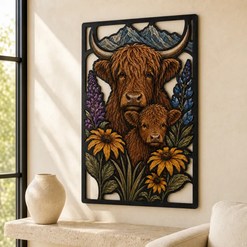Highland Cow and Calf with Purple Wildflowers Colorful Metal Wall Art