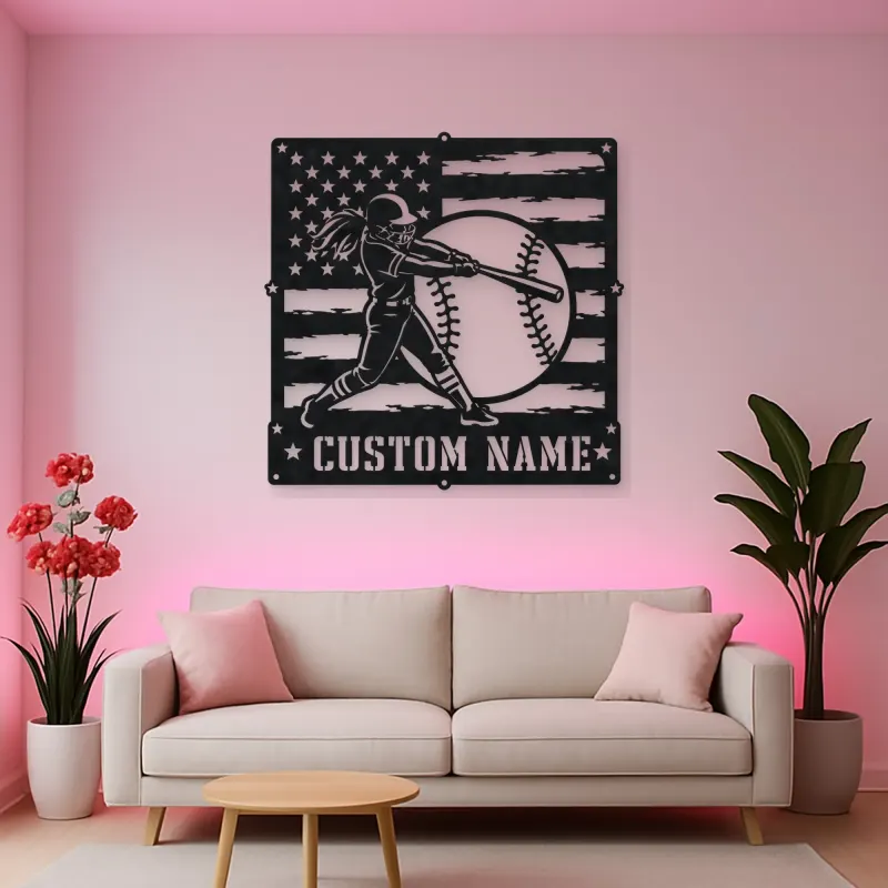 Personalized Softball Batter Distressed American Flag Metal Wall Art