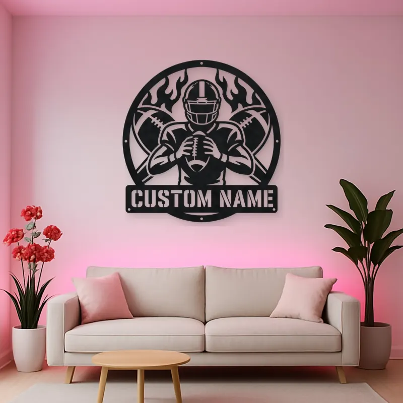 Personalized Football Player Crossed Balls Flame Metal Wall Art