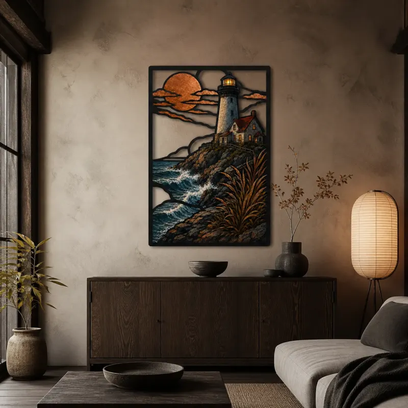 Coastal Lighthouse Cottage above Ocean Waves Colorful Metal Wall Art