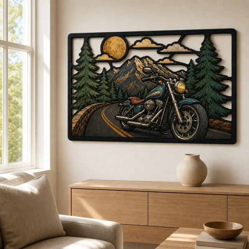 Cruiser Motorcycle on Mountain Road under Full Moon Colorful Metal Wall Art