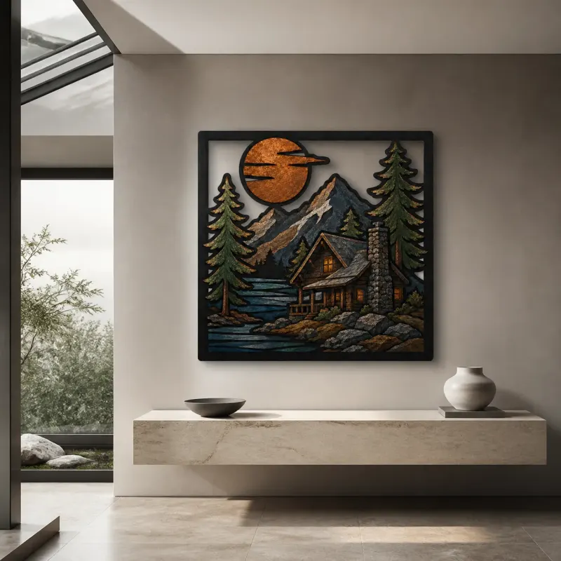 Mountain Lake Cabin beneath Full Moon Colorful Metal Wall Art