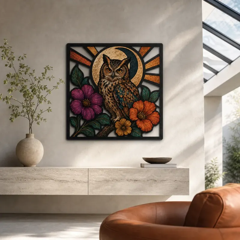 Great Horned Owl with Hibiscus and Radiant Moon Colorful Metal Wall Art
