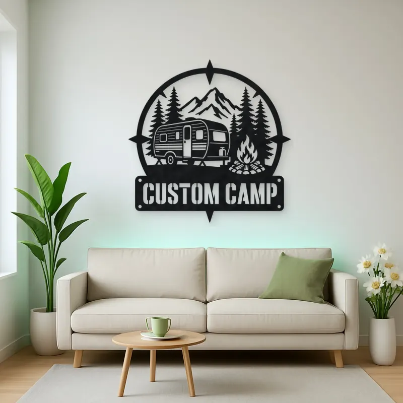 Personalized Travel Trailer Metal Wall Art with Campfire Scene