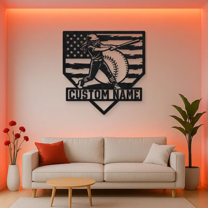 Personalized Female Softball Power Swing American Flag Metal Wall Art