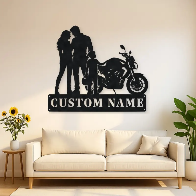 Personalized Motorcycle Family with Helmet Carrying Child Metal Wall Art