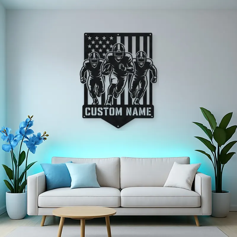 Personalized Three Football Players Flag Metal Wall Art
