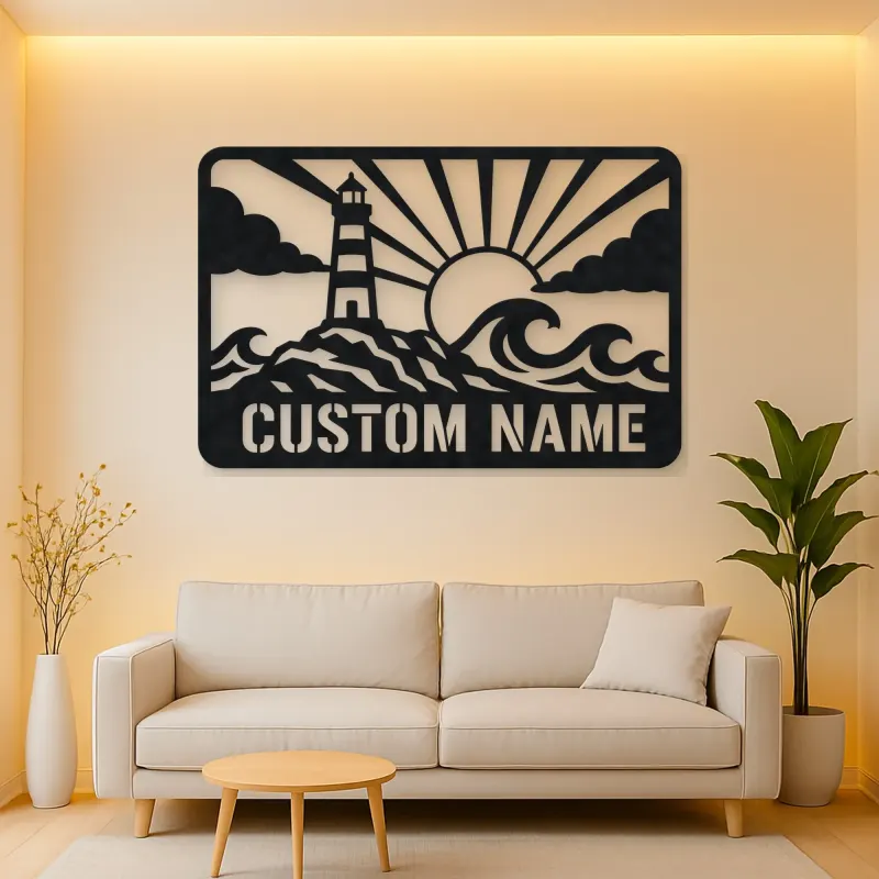 Personalized Lighthouse Metal Wall Art with Ocean Waves