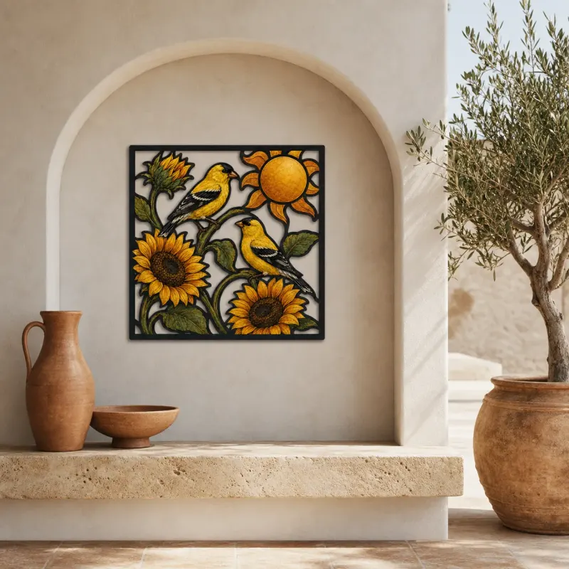 Goldfinch Pair with Sunflowers and Golden Sun Colorful Metal Wall Art