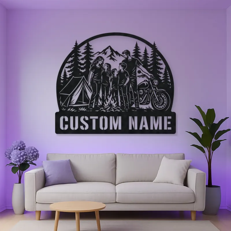 Personalized Family of Five Camping Motorcycle Metal Wall Art