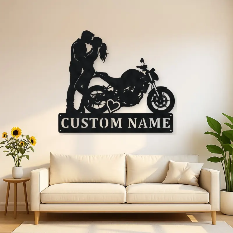 Personalized Kissing Couple Motorcycle Metal Wall Art with Heart