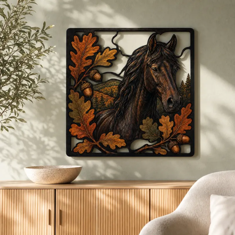 Black Horse with Autumn Oak Leaves Colorful Metal Wall Art