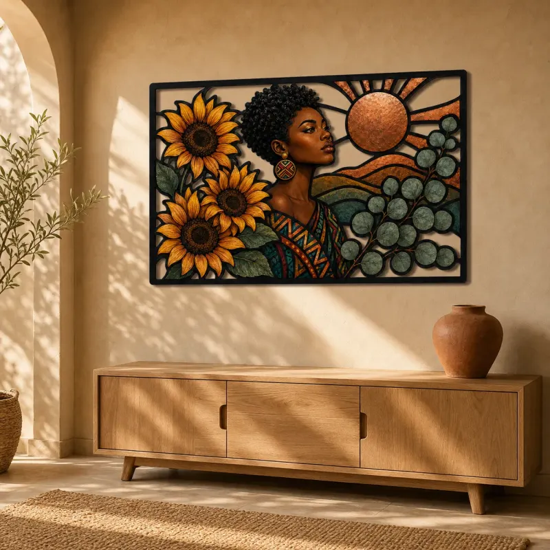 Afro Woman with Sunflowers and Copper Sun Colorful Metal Wall Art