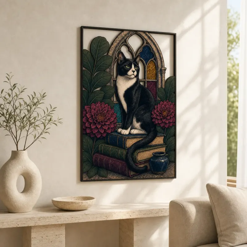 Tuxedo Cat on Books by Gothic Window Colorful Metal Wall Art