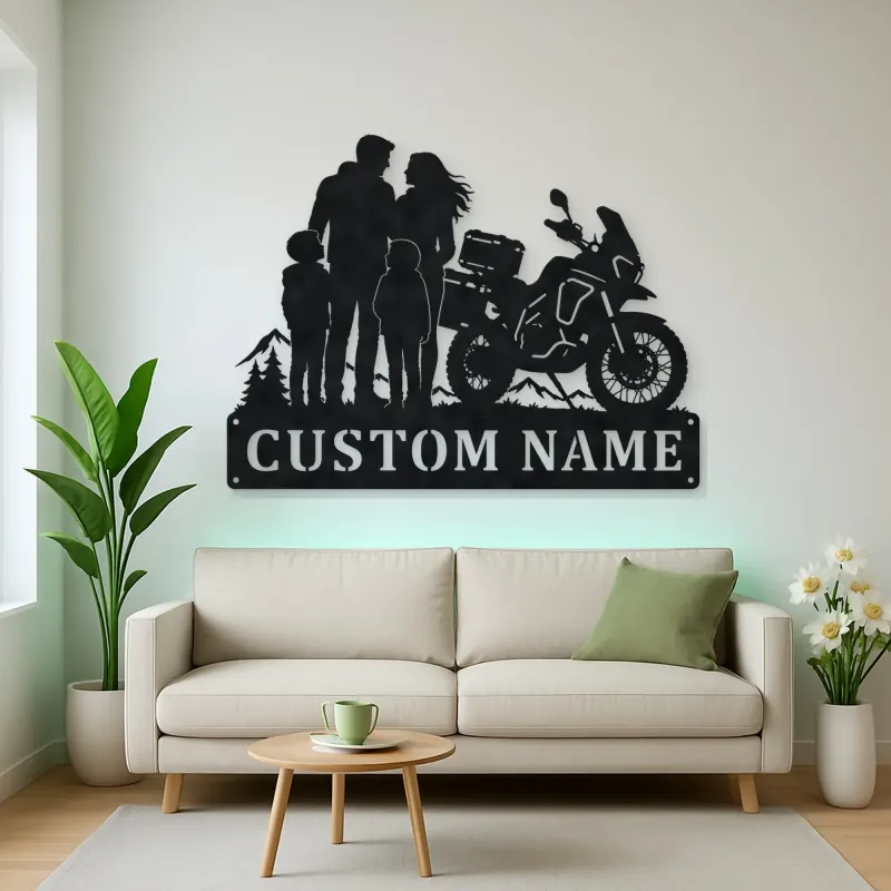 Personalized Adventure Motorcycle Mountain Family Metal Wall Art