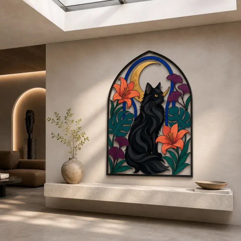 Black Cat with Tropical Flowers and Crescent Moon Colorful Metal Wall Art