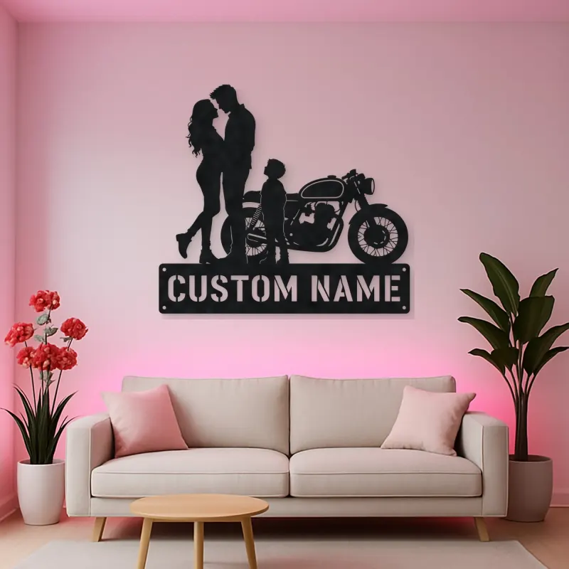 Personalized Cafe Racer Family of Three Metal Wall Art