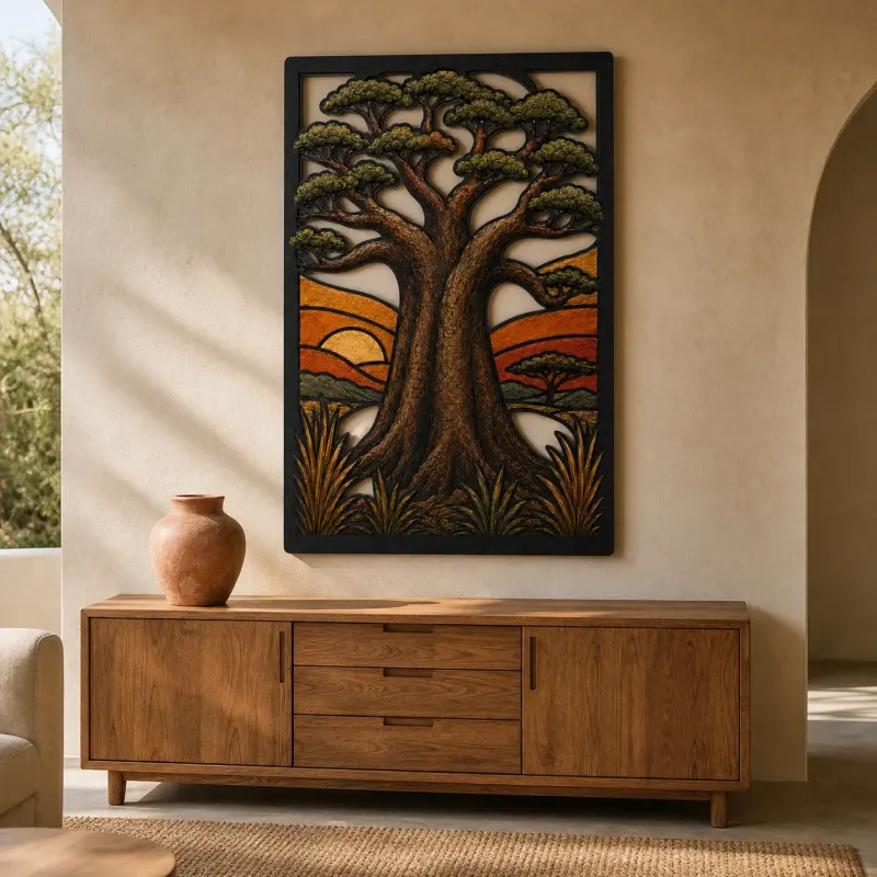 African Baobab Tree of Life at Sunrise Colorful Metal Wall Art