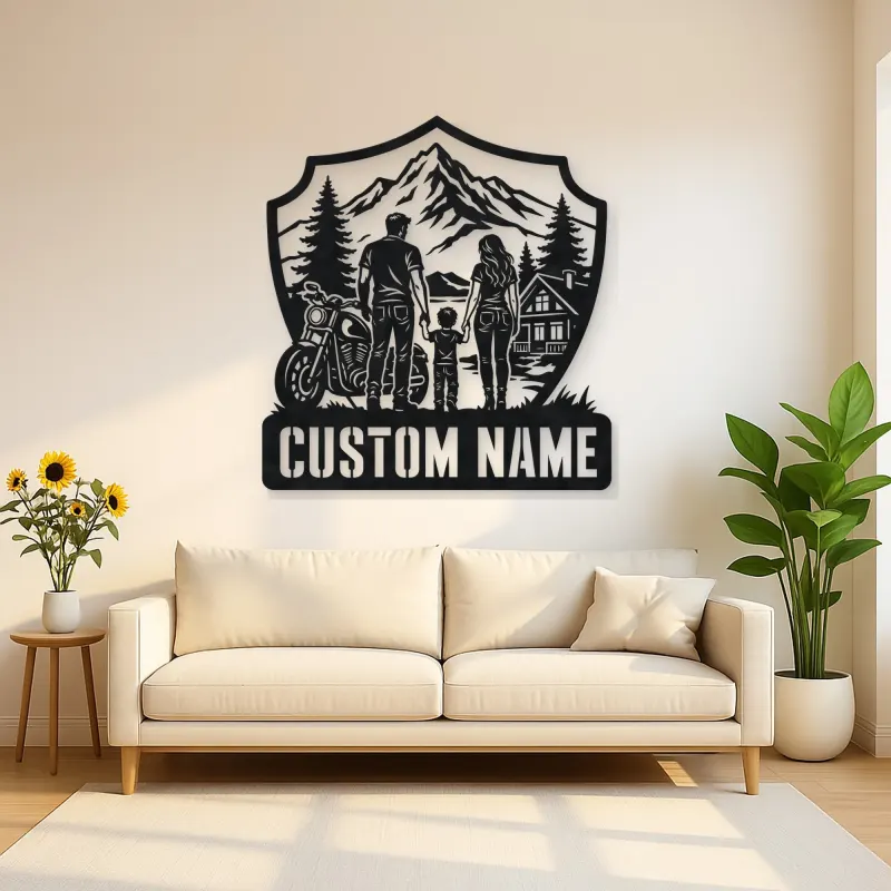 Personalized Family of Three Motorcycle Mountain Cabin Metal Wall Art