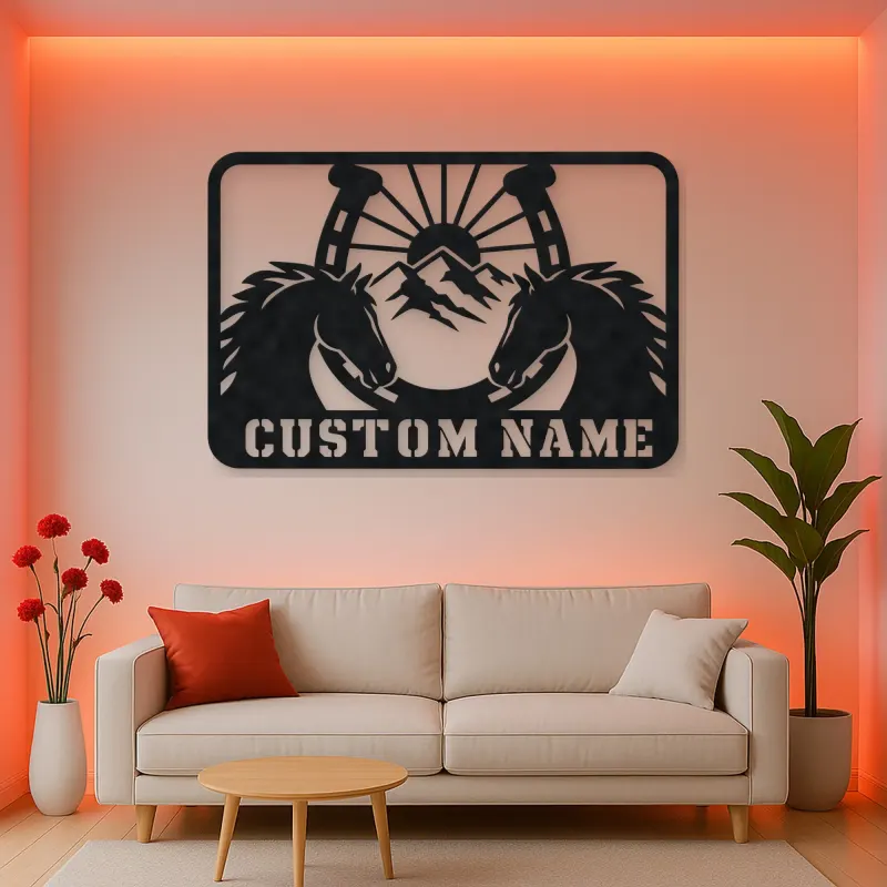 Personalized Horse Pair Metal Wall Art with Horseshoe