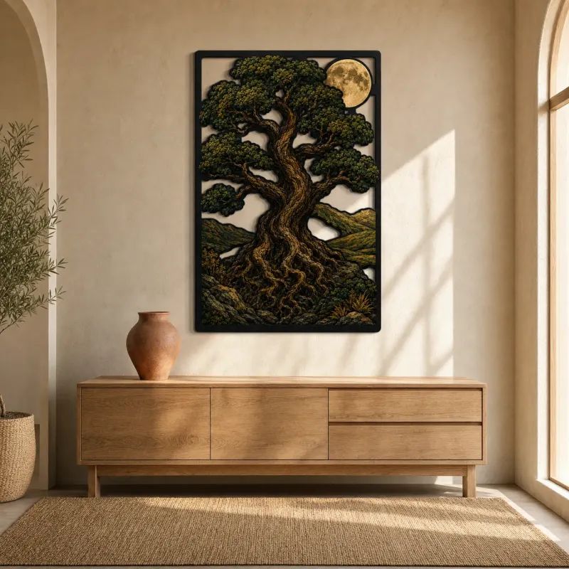 Ancient Oak Tree of Life beneath Full Moon Colorful Metal Wall Art