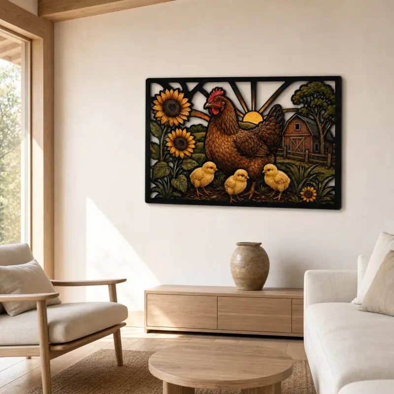 Hen and Chicks with Sunflowers by Barn Colorful Metal Wall Art