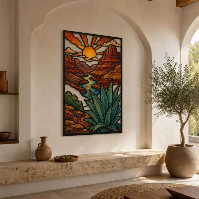 Southwest Canyon River with Agave at Sunrise Colorful Metal Wall Art