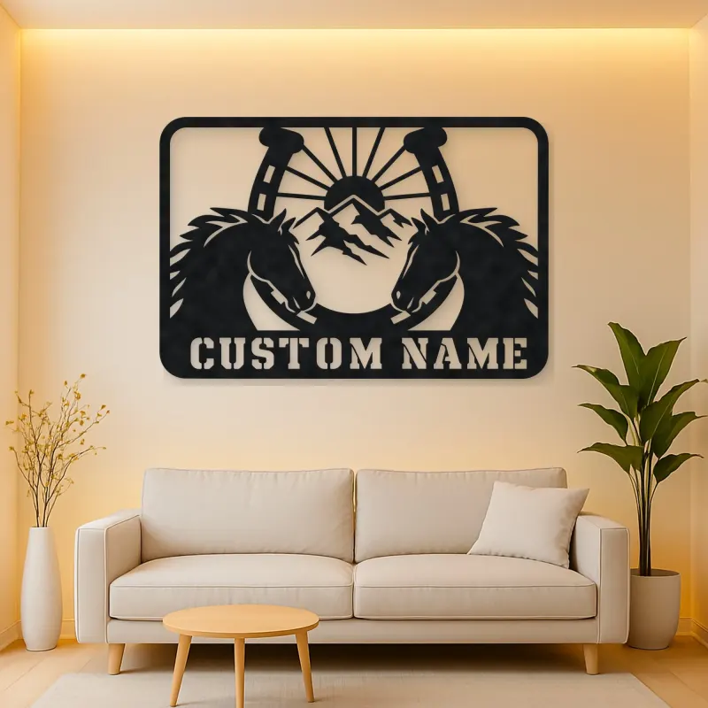 Personalized Horse Pair Metal Wall Art with Horseshoe
