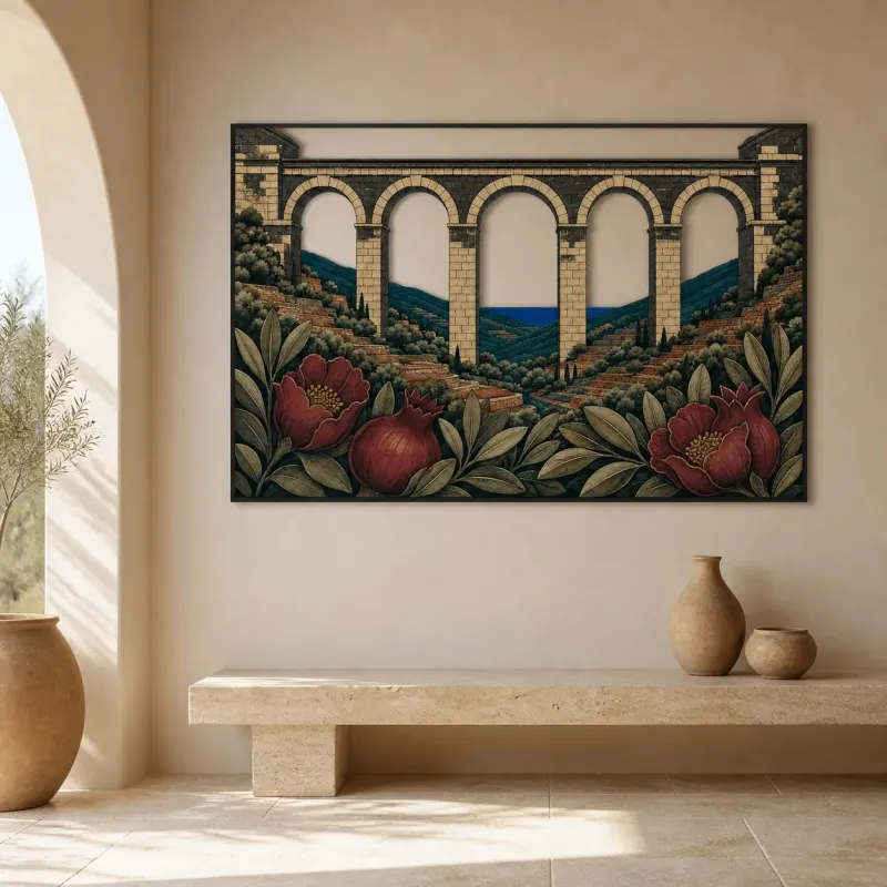 Historic Stone Aqueduct with Peonies and Mountain View Colorful Metal Wall Art