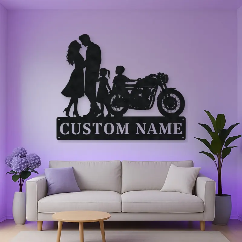 Personalized Classic Motorcycle Family of Four Metal Wall Art