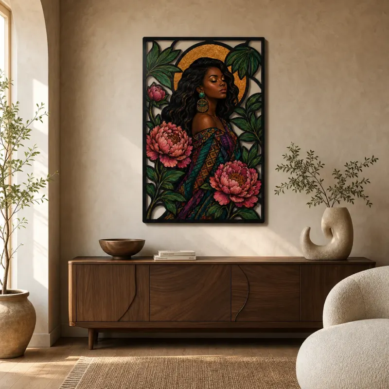 Donna Afro con Peonie e Luna Celestiale Arte Murale in Metallo Colorato