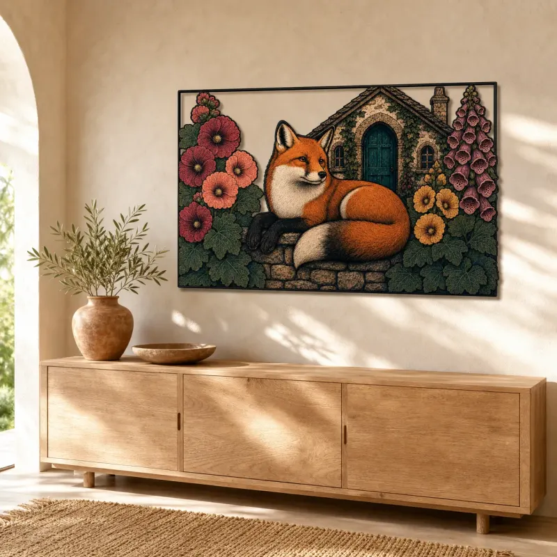 Red Fox beside Flowered Stone Cottage Colorful Metal Wall Art