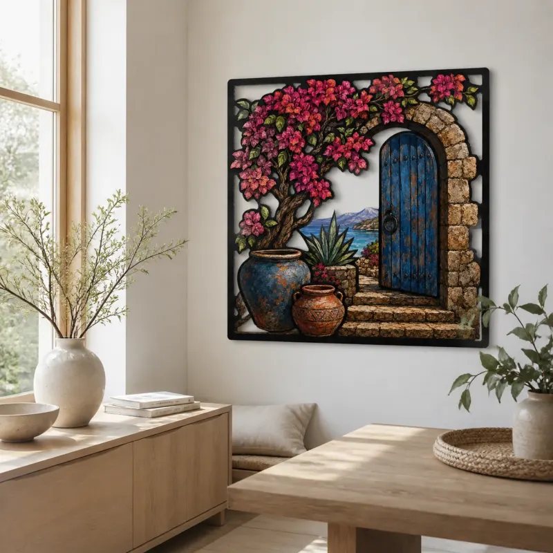Blue Stone Arch Door with Bougainvillea and Sea Colorful Metal Wall Art