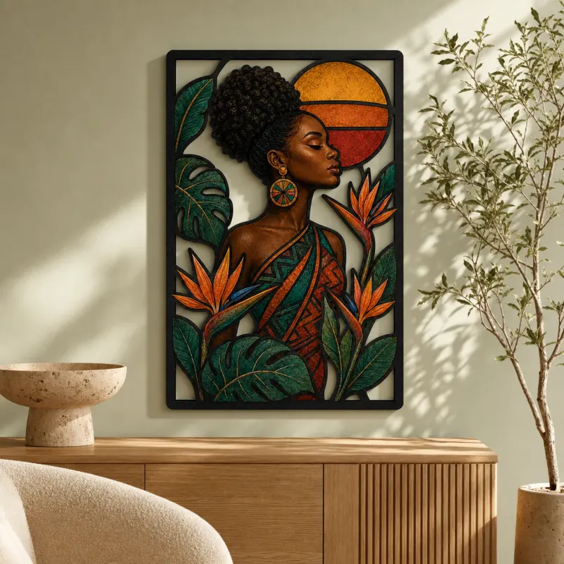 Afro Woman with Bird of Paradise Flowers Colorful Metal Wall Art