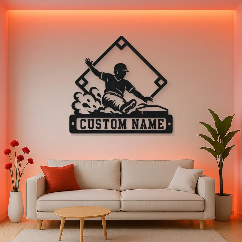 Personalized Baseball Player Sliding Home Metal Wall Art